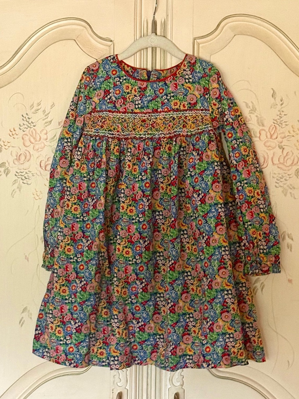 Mini Boden 7-8Y Smocked Fully-Lined Fall Floral Print Long Sleeve Dress
